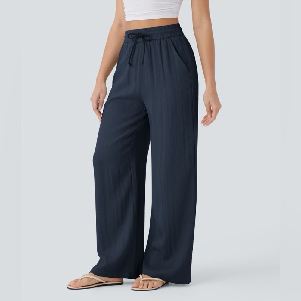 NWT Halara Highwaisted Drawstring Wide Leg Women's Navy Pants Sz L Tall - Picture 5 of 9